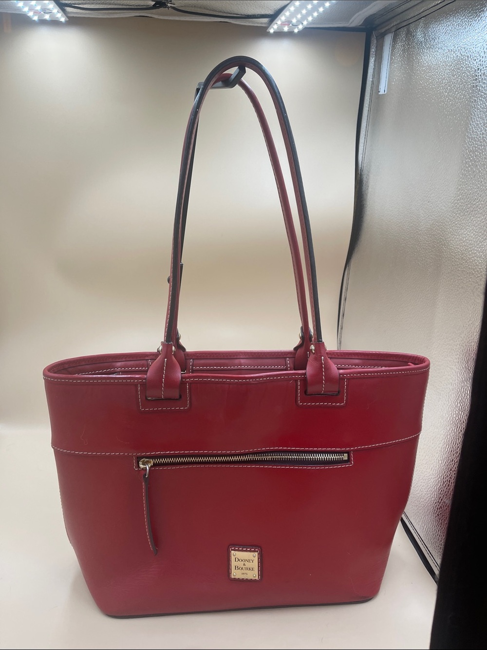Dooney & Bourke Red Leather Bucket Bag Tote with Zip Pocket